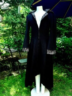 One of a kind Gothic Black wool Hooded Zip-Front Coat with Printed Trim